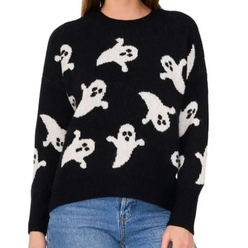 Vince Camuto Sweater Women’s Large Black All Over Ghost Print Halloween NWT